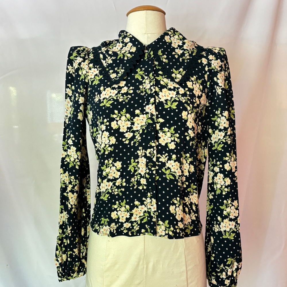 ByTimo- Navy Floral Long Sleeve Fitted Blouse with Peter Pan Collar